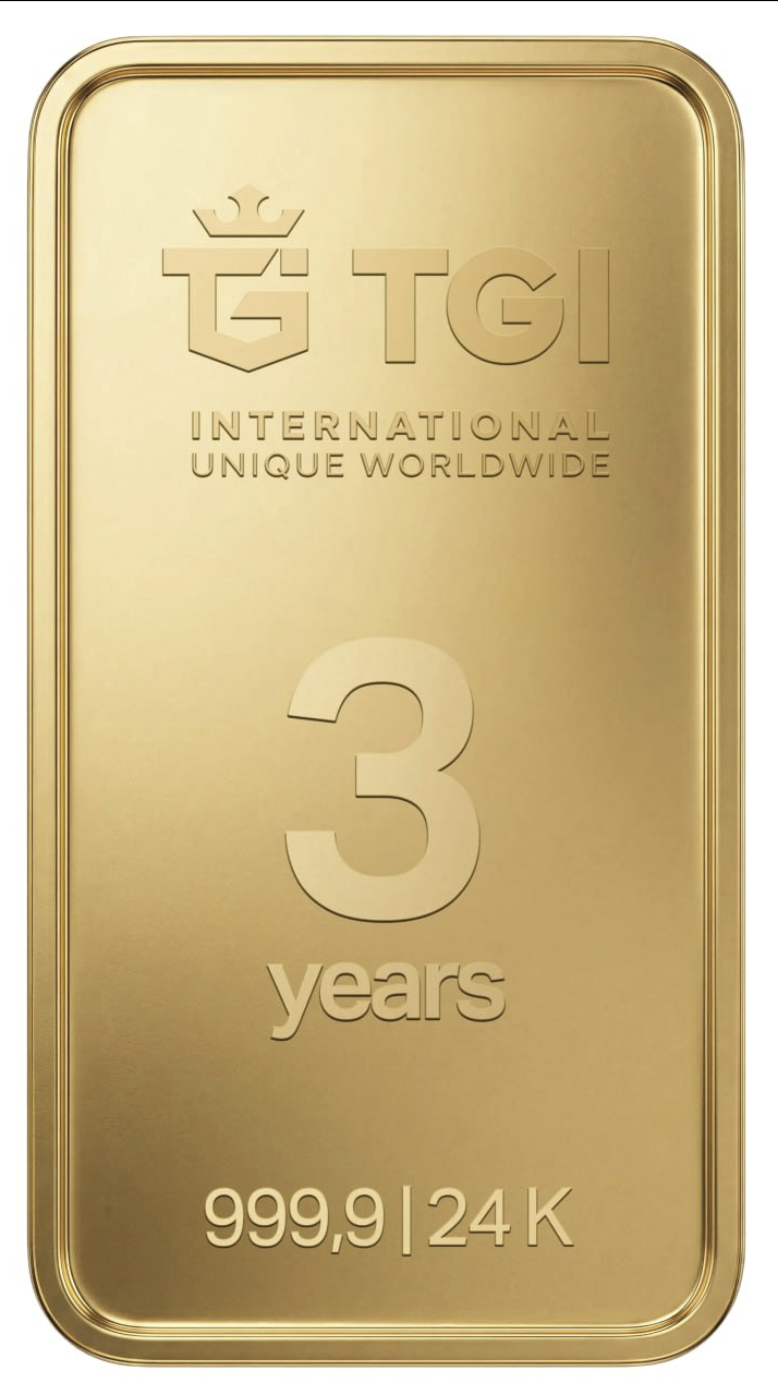 TGI 3 year physical gold bar, 999.9 fine gold